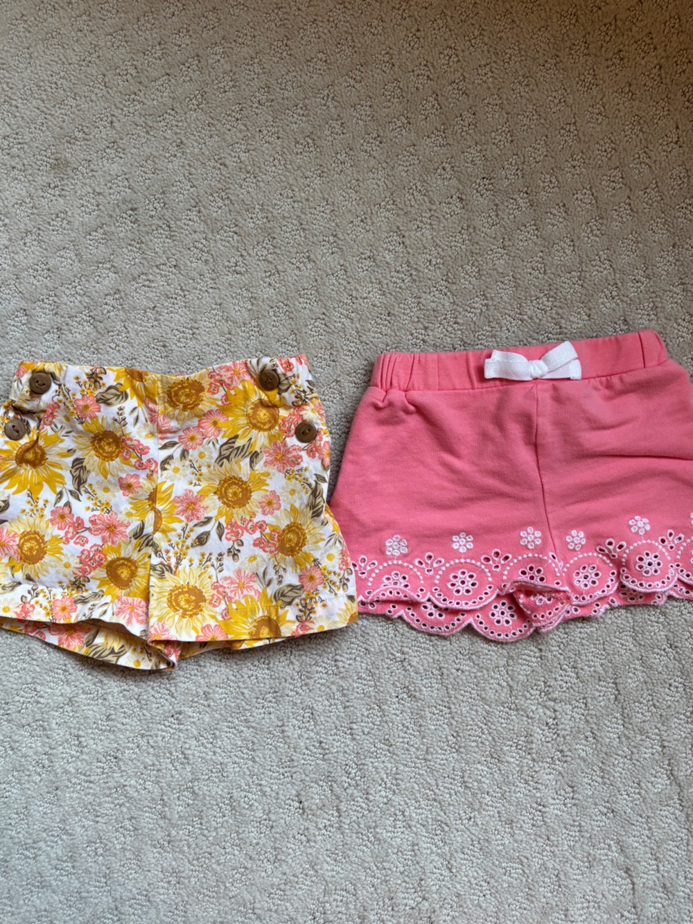 Girls' Sunflower Print Yellow Floral Shorts & Pink Eyelet Trim Shorts